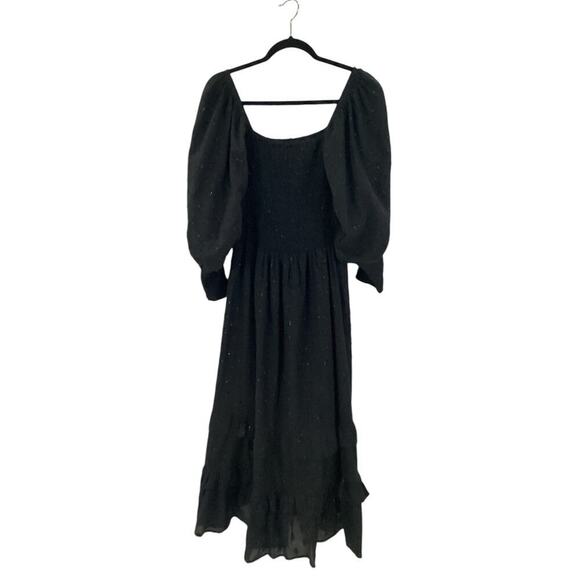 Oliphant Smocked Top Ruffle Tiered Midi Length Dress Midnight Black Gold Small - Picture 9 of 15